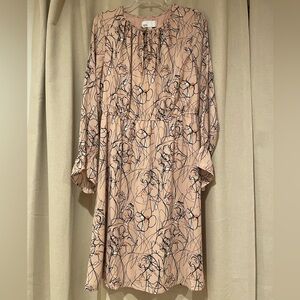Nordstrom Rack Floral Gathered Tie Long Sleeve Midi Dress Pink Peach Scribble L